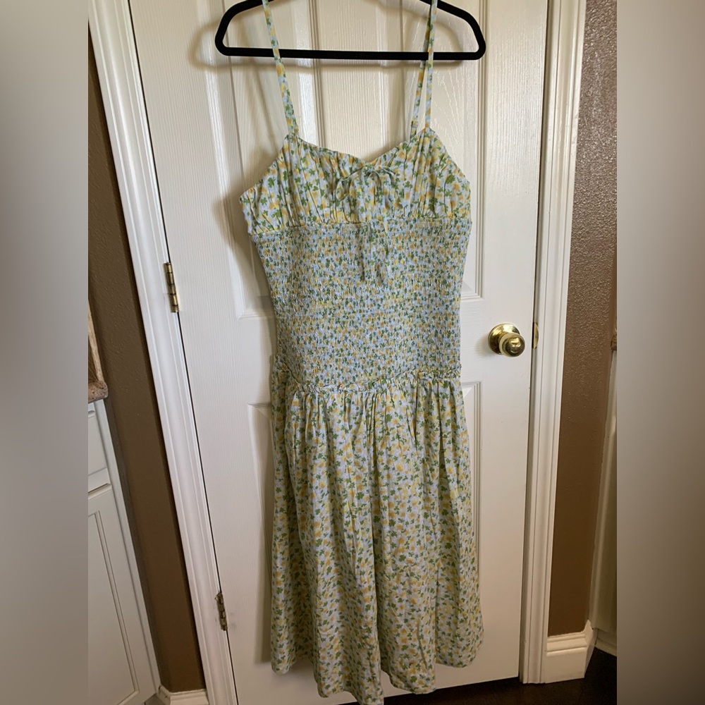 Free People Yellow & Blue Floral Smocked Midi Dress